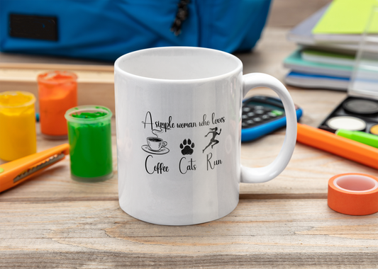 Coffee Cats Run Mug – white ceramic mug for active cat moms