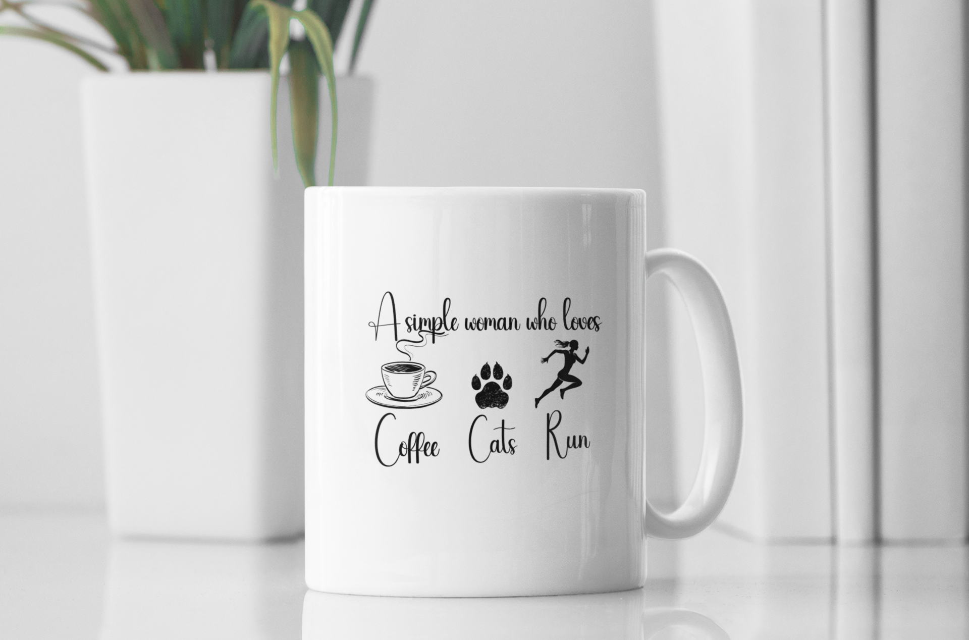 A Simple Woman Who Loves Coffee Cats Run – minimalist mug flat lay