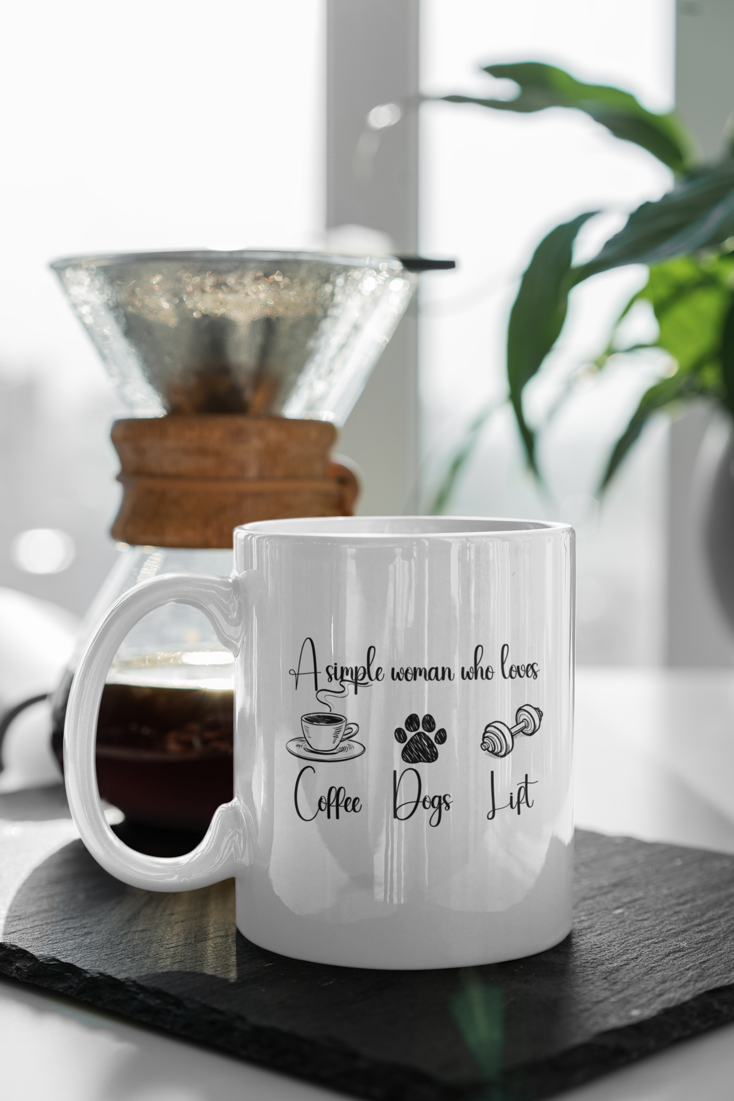 Funny coffee mug with gym and dog design placed beside espresso machine – 11oz ceramic cup for women