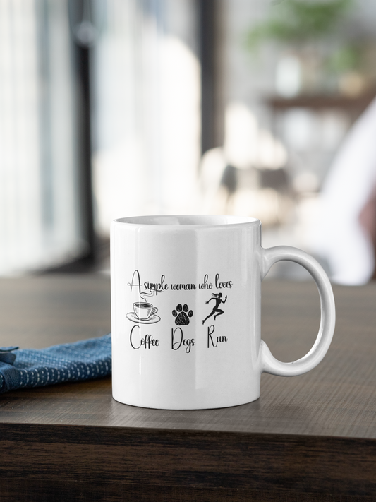 A Simple Woman Who Loves Coffee Dogs Run Mug – 11oz ceramic cup by window