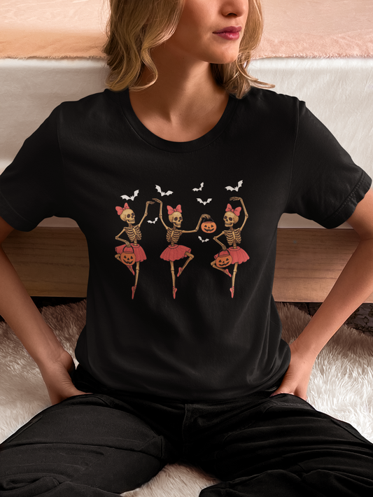 Black Halloween Skeleton Ballerina T Shirt with skeleton dancers and pumpkins