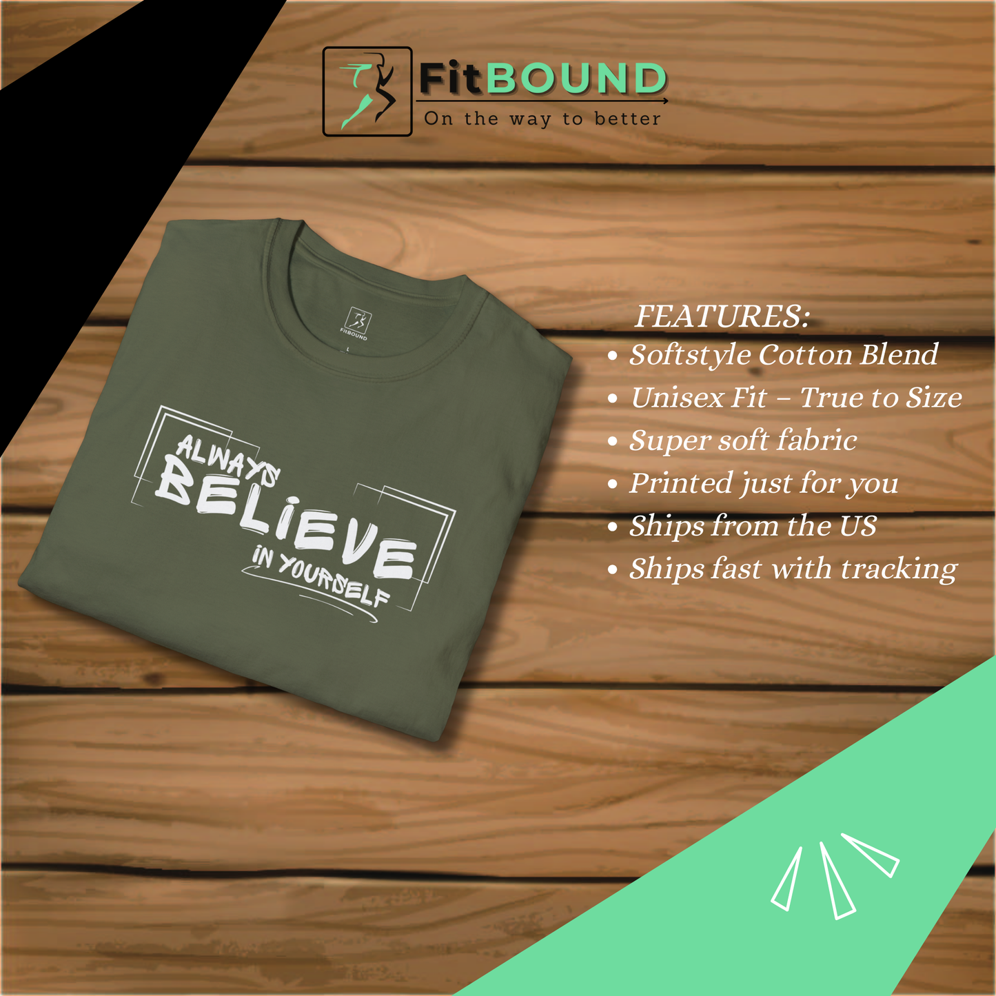 Close-up of black “Always Believe In Yourself” T-shirt fabric and print quality