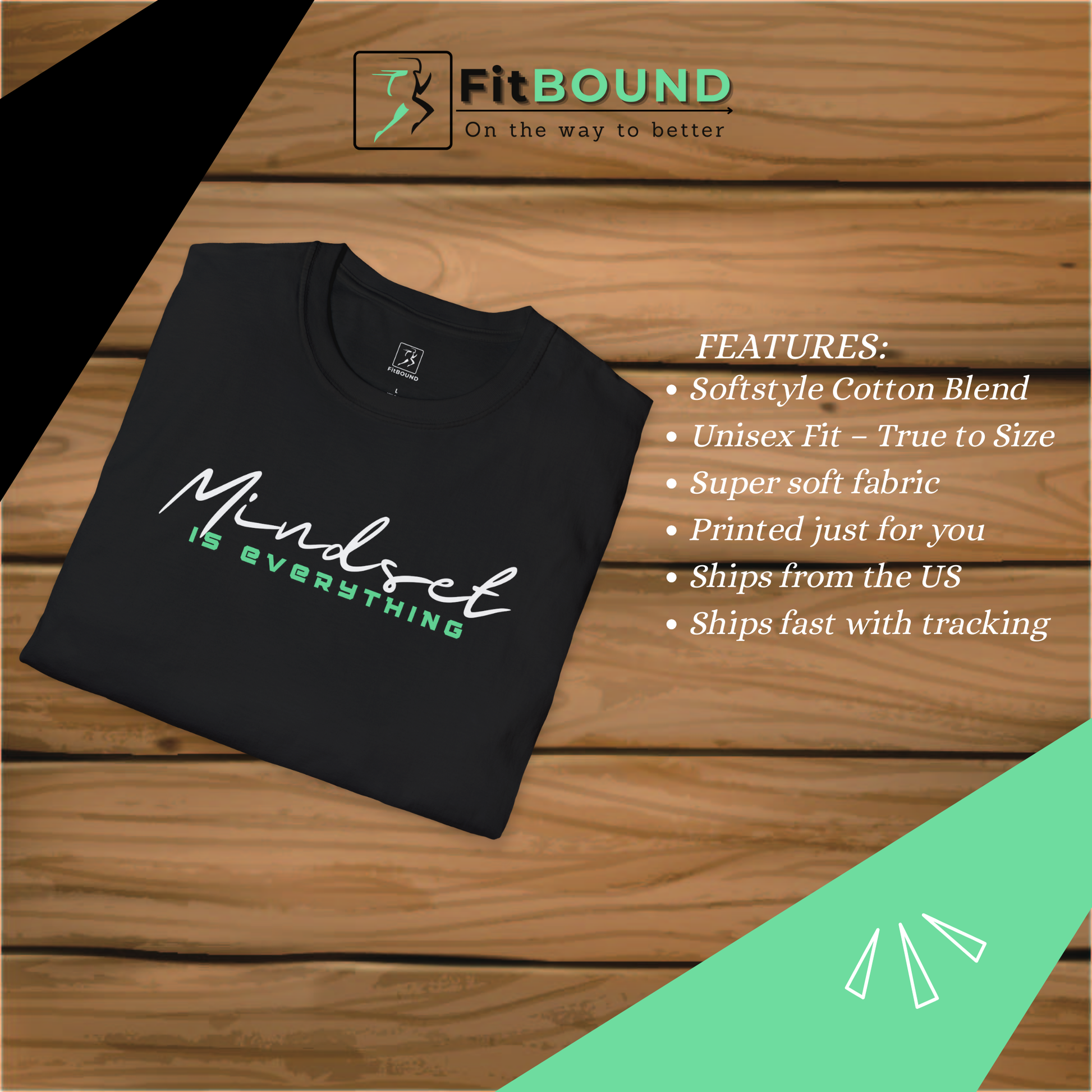 Flat lay black Mindset Is Everything T-Shirt – unisex workout shirt.