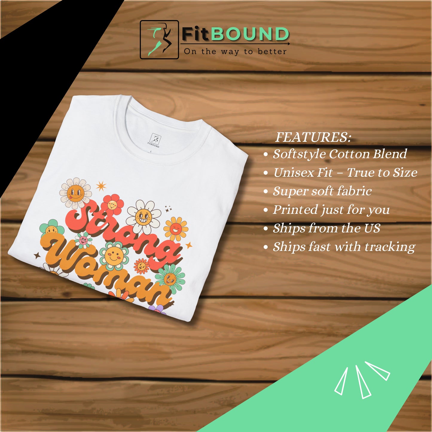 Folded beige Strong Woman T-shirt on wooden surface – retro floral empowerment shirt
