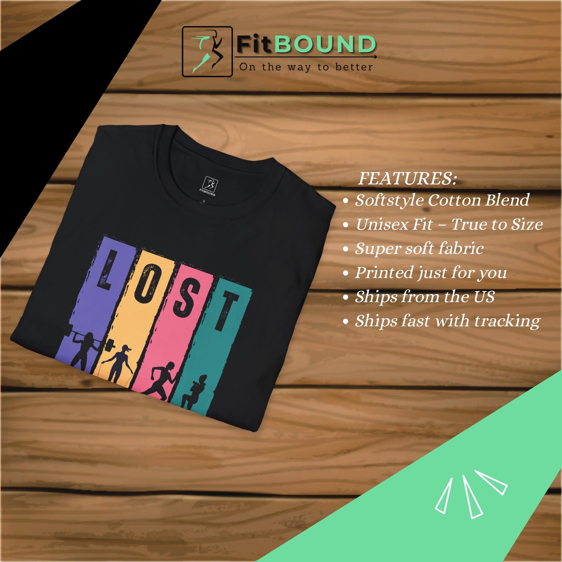 Folded Lost in My Passion t-shirt with colorful workout silhouettes, unisex fitness apparel flat lay
