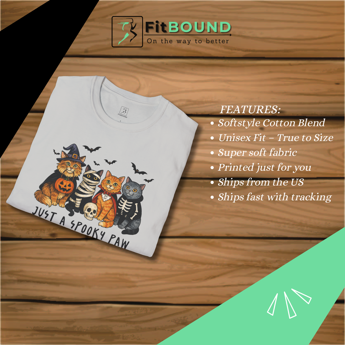 Close-up of Halloween cat graphic tee with Just a Spooky Paw text
