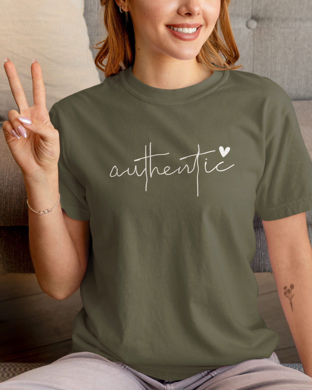 Military Green Authentic T-Shirt with handwritten text and heart – unisex motivational shirt