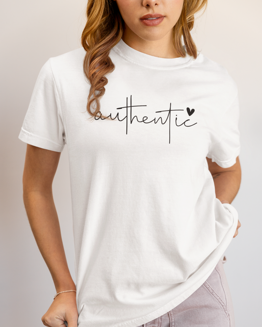 White Authentic T-Shirt with handwritten design and heart detail – everyday inspirational tee