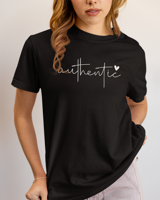 Black Authentic T-Shirt with handwritten design and heart – model wearing unisex motivational tee