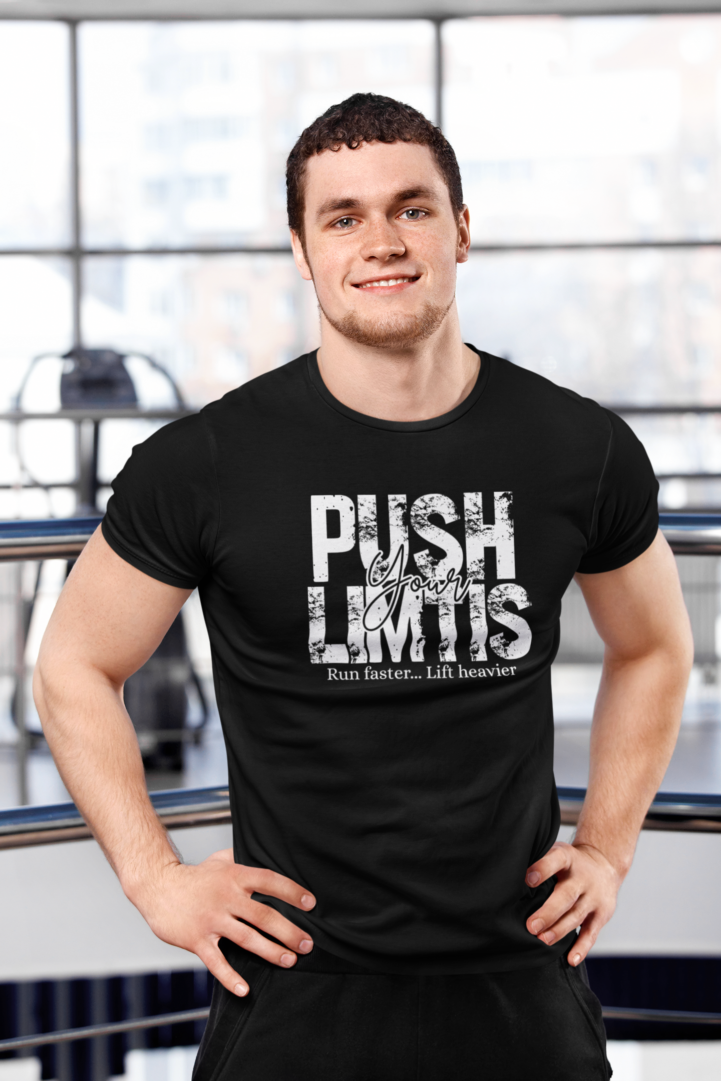 Man wearing black “Push Your Limits” shirt by FitBOUND – confident and athletic gymwear style