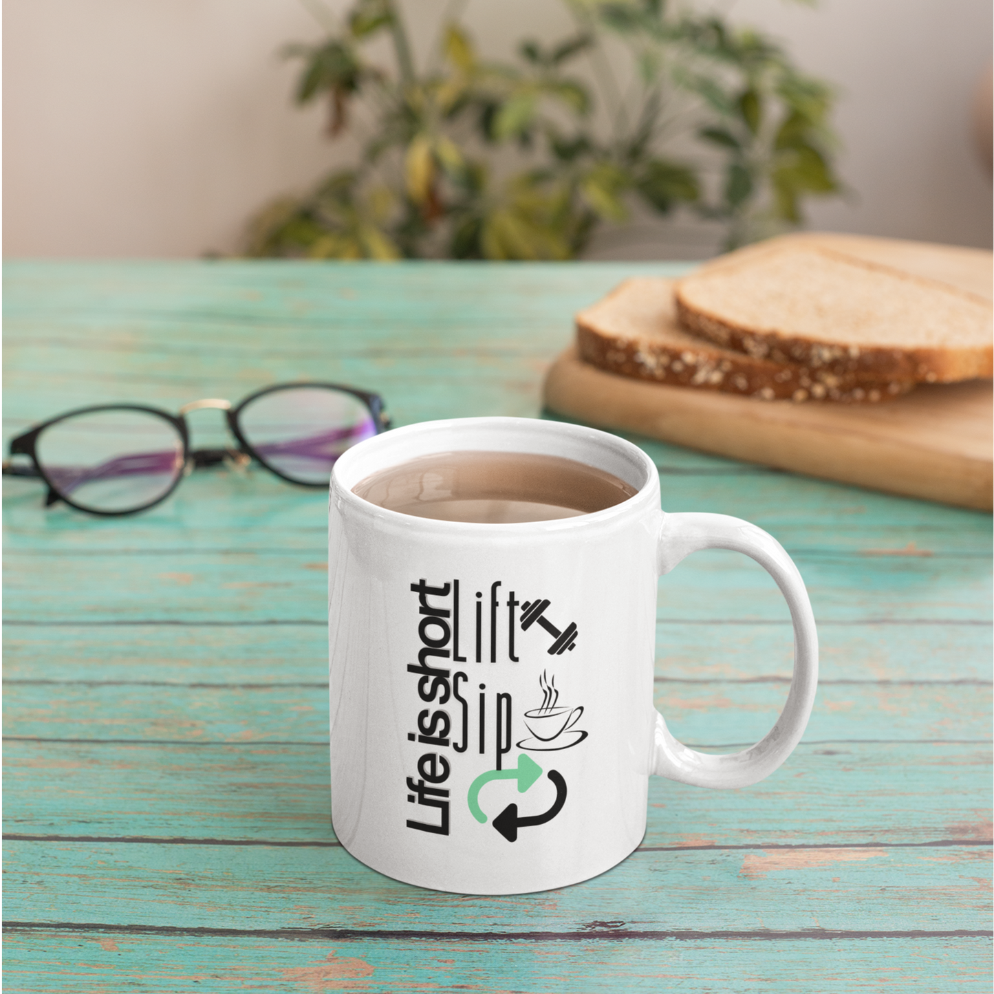 White ceramic mug with the phrase "Life Is Short Lift Sip" and fitness icons – gym and coffee gift for lifters