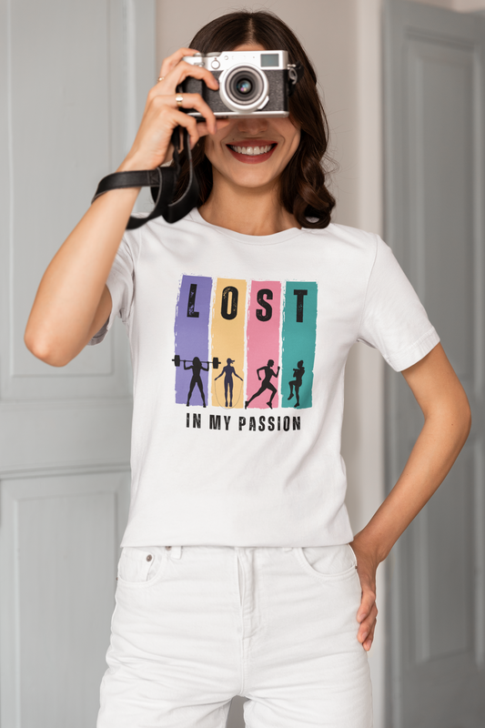Smiling woman wearing white Lost in My Passion t-shirt, vibrant motivational fitness shirt for training and casual wear