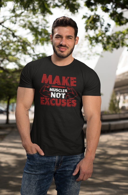 Man wearing black motivational gym t-shirt with red and white text “Make Muscles Not Excuses,” fitness apparel by FitBOUND.