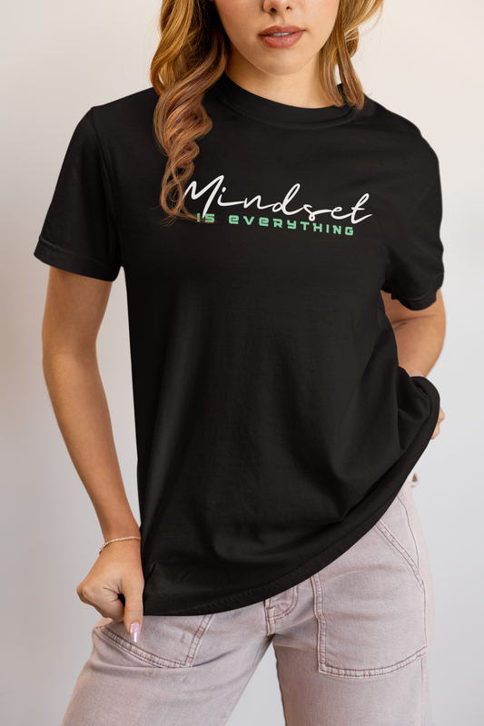 Woman wearing black Mindset Is Everything T-Shirt – motivational fitness apparel.