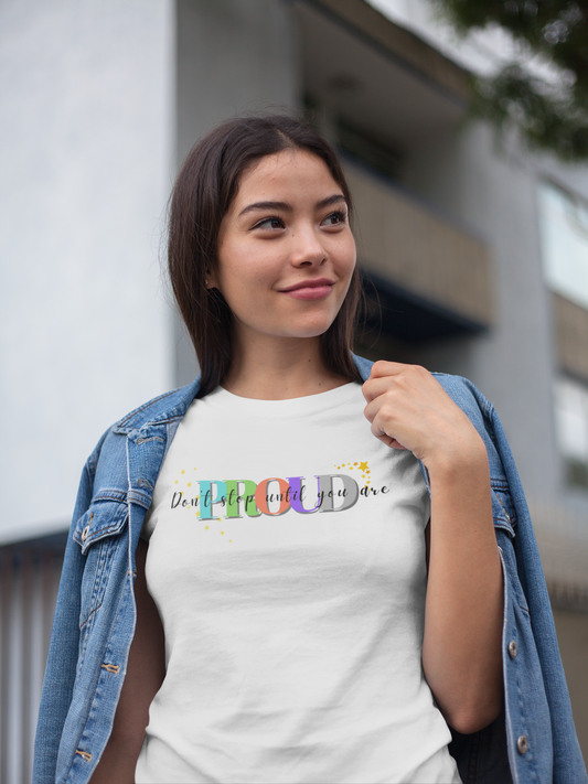 Woman wearing white "Train Until You're Proud" t-shirt – unisex motivational gymwear for running or training