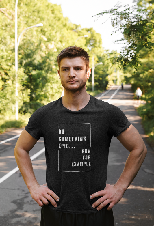 Man wearing black Do Something Epic t-shirt outdoors – casual athletic style
