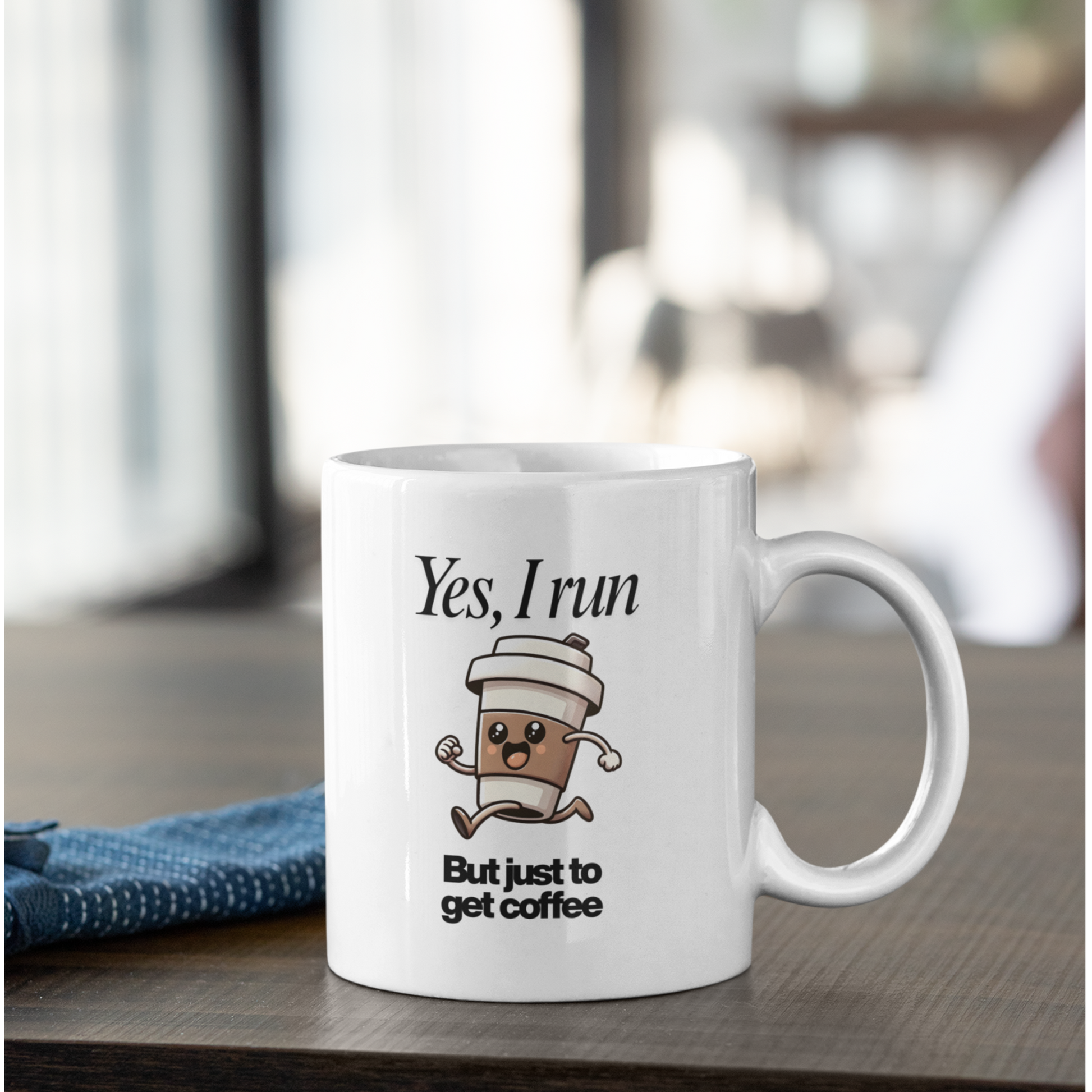 11oz coffee mug with running cup cartoon and humorous quote displayed near bright window setting