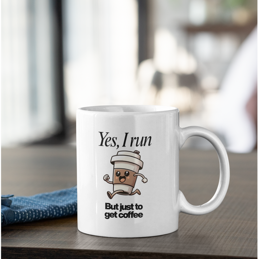 11oz coffee mug with running cup cartoon and humorous quote displayed near bright window setting