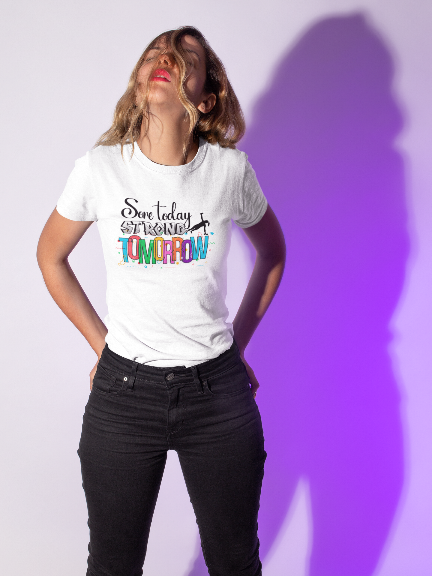 Plus-size woman wearing "Sore Today Strong Tomorrow" shirt – motivational fitness tee for strong women