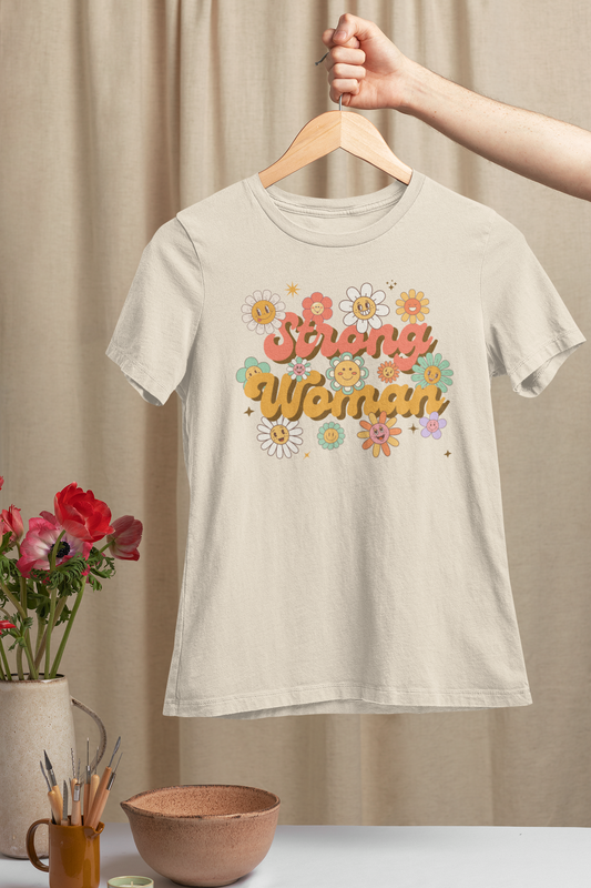Beige Strong Woman T-shirt with retro floral design – empowerment shirt for women