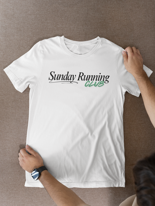 Person holding white Sunday Running Club T-shirt – unisex running shirt for runners and joggers