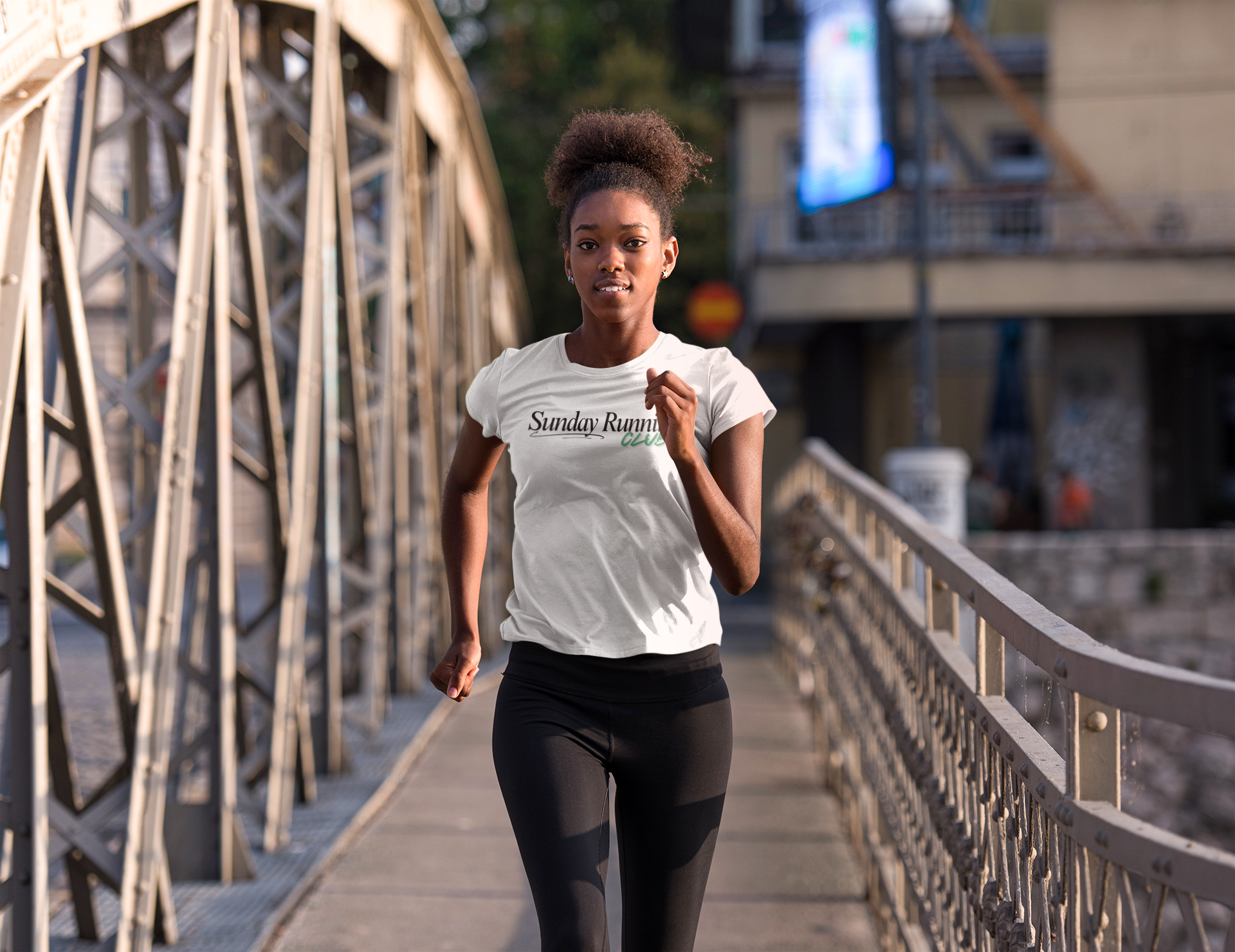 Woman running in white Sunday Running Club T-shirt – casual running tee for everyday wear