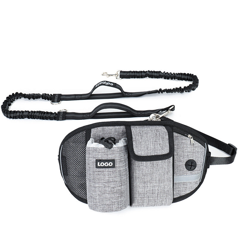 Gray hands-free dog leash pouch – front view with zipper pockets and leash clip