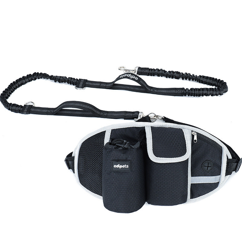 Black hands-free dog leash pouch – front view with zipper pockets and leash clip