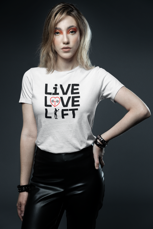 Woman wearing "Live Love Lift" t-shirt – empowering gymwear for strength and fitness enthusiasts