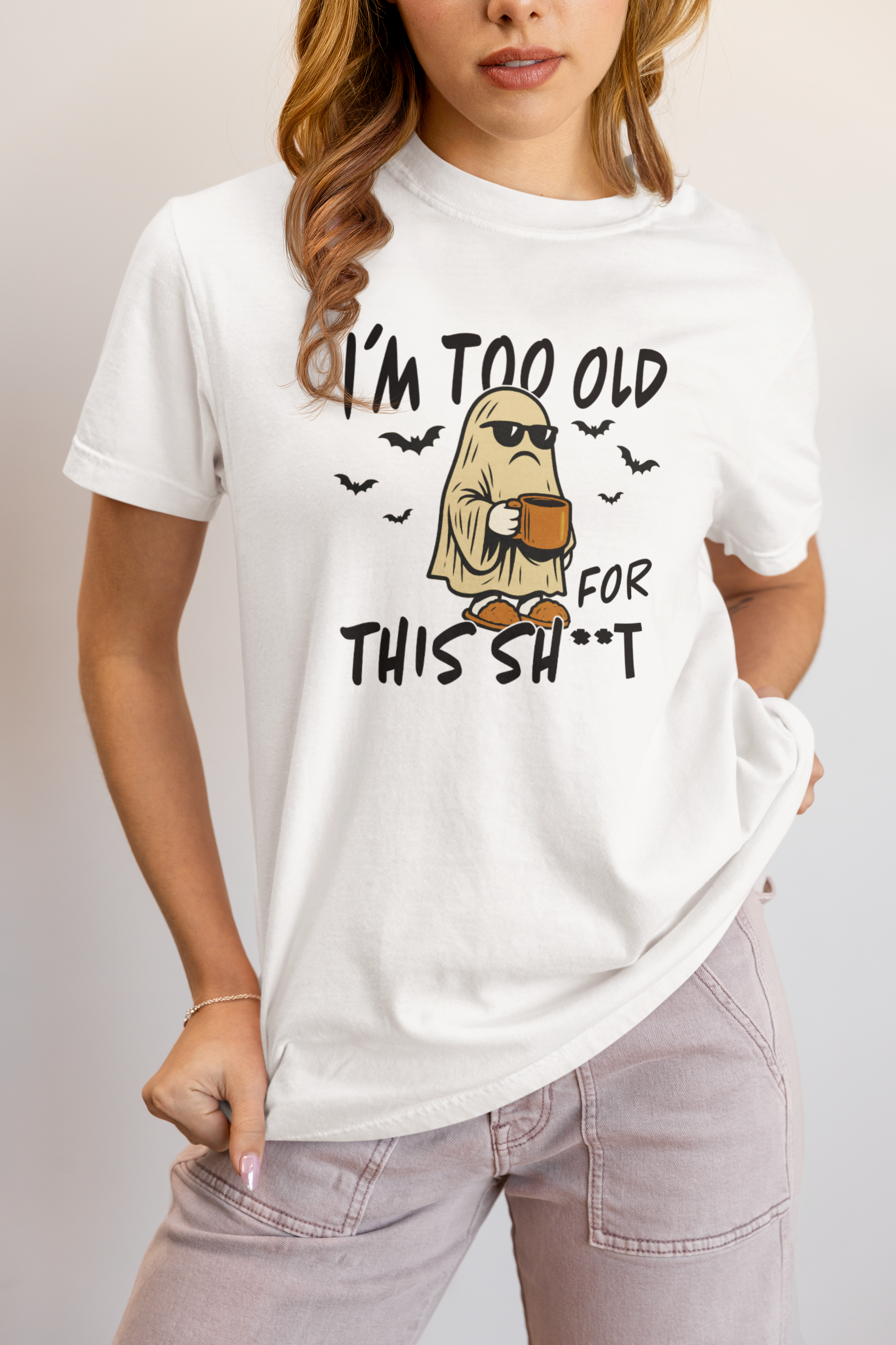 Female model wearing white I’m Too Old for This SH*T ghost coffee shirt